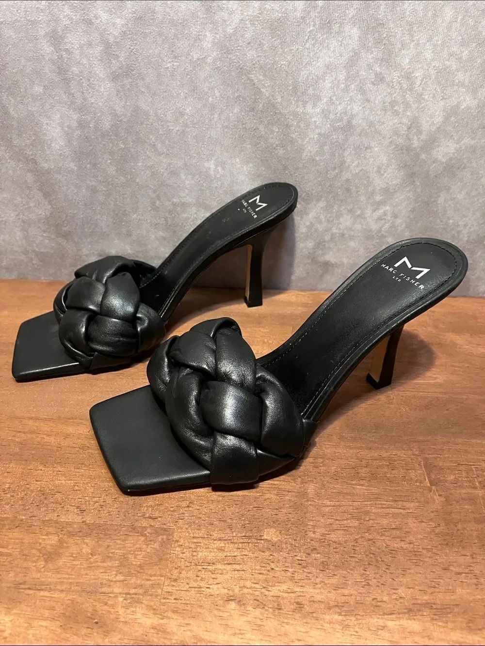 Marc Fisher Black Braided Puffy Square-Toe Slip-On Heels Mules size 8.5